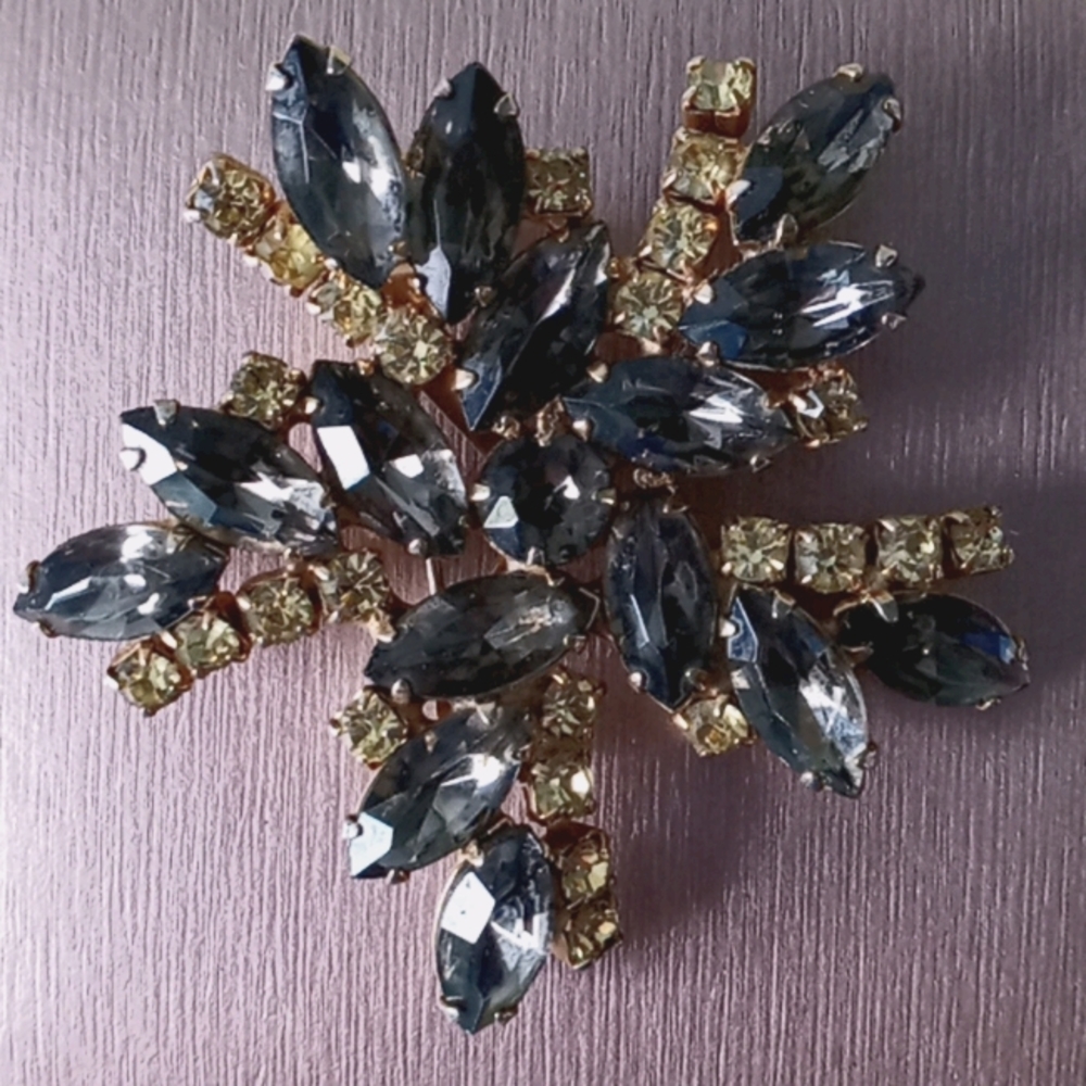 Brooch with Purple and Green Rhinestones Vintage